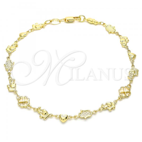 Oro Laminado Fancy Anklet, Gold Filled Style Elephant and Heart Design, Polished, Golden Finish, 03.326.0016.10
