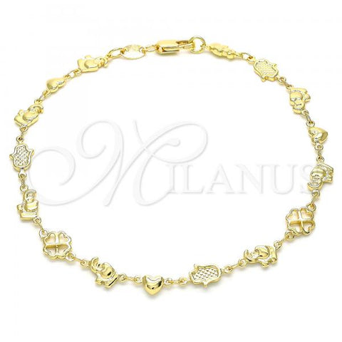 Oro Laminado Fancy Anklet, Gold Filled Style Elephant and Heart Design, Polished, Golden Finish, 03.326.0016.10