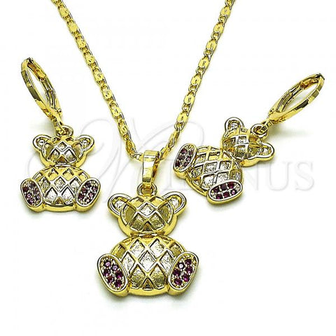 Oro Laminado Earring and Pendant Adult Set, Gold Filled Style Teddy Bear Design, with Ruby Micro Pave, Polished, Golden Finish, 10.196.0095