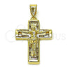 Oro Laminado Religious Pendant, Gold Filled Style Cross and Crucifix Design, with White Cubic Zirconia, Polished, Golden Finish, 05.253.0191