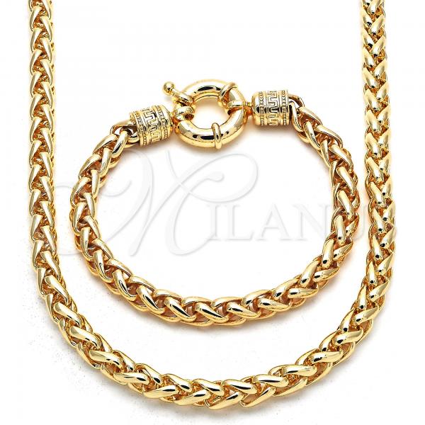 Oro Laminado Necklace and Bracelet, Gold Filled Style Rat Tail and Greek Key Design, Polished, Golden Finish, 06.179.0005