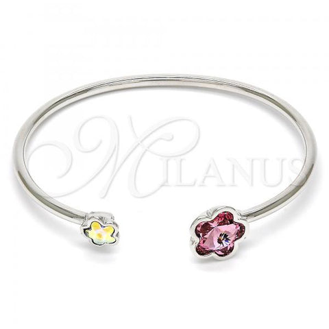 Rhodium Plated Individual Bangle, Flower Design, with Rose and Aurore Boreale Swarovski Crystals, Polished, Rhodium Finish, 07.239.0011.7 (02 MM Thickness, One size fits all)