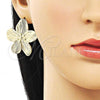 Oro Laminado Stud Earring, Gold Filled Style Flower Design, Diamond Cutting Finish, Golden Finish, 02.428.0023