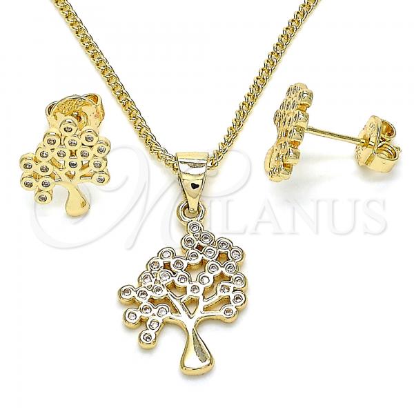 Oro Laminado Earring and Pendant Adult Set, Gold Filled Style Tree Design, with White Micro Pave, Polished, Golden Finish, 10.156.0257