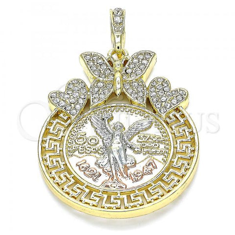 Oro Laminado Religious Pendant, Gold Filled Style Centenario Coin and Angel Design, with White Crystal, Polished, Tricolor, 05.380.0020