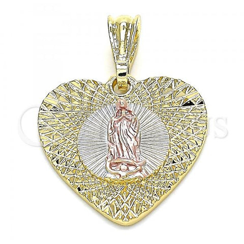 Oro Laminado Fancy Pendant, Gold Filled Style Heart and Guadalupe Design, Diamond Cutting Finish, Tricolor, 05.351.0081.1