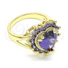 Oro Laminado Multi Stone Ring, Gold Filled Style Heart Design, with Amethyst Cubic Zirconia, Polished, Golden Finish, 01.346.0018.5.08