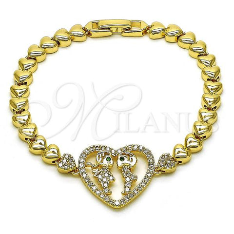 Oro Laminado Fancy Bracelet, Gold Filled Style Heart and Little Girl Design, with White and Green Cubic Zirconia, Polished, Golden Finish, 03.283.0398.07
