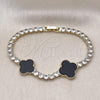 Oro Laminado Fancy Bracelet, Gold Filled Style Four-leaf Clover Design, with Black Mother of Pearl and White Cubic Zirconia, Polished, Golden Finish, 03.284.0048.1.07