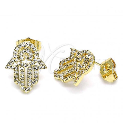 Oro Laminado Stud Earring, Gold Filled Style Hand of God Design, with White Micro Pave, Polished, Golden Finish, 02.284.0043