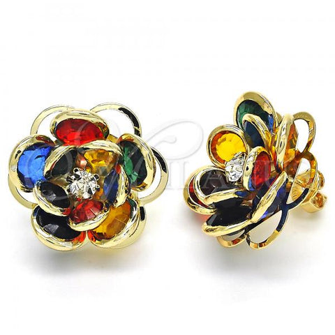 Oro Laminado Stud Earring, Gold Filled Style Flower Design, with Multicolor Crystal, Polished, Golden Finish, 02.64.0641.5