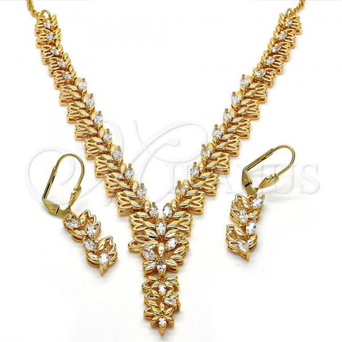 Oro Laminado Necklace and Earring, Gold Filled Style Leaf Design, with White Cubic Zirconia, Polished, Golden Finish, 06.236.0007