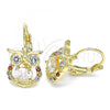 Oro Laminado Leverback Earring, Gold Filled Style Owl Design, with Multicolor Cubic Zirconia, Polished, Golden Finish, 02.210.0434.3