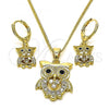 Oro Laminado Earring and Pendant Adult Set, Gold Filled Style Owl Design, with White and Black Cubic Zirconia, Polished, Golden Finish, 10.316.0070