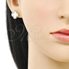 Oro Laminado Stud Earring, Gold Filled Style Four-leaf Clover Design, with Ivory Mother of Pearl and White Micro Pave, Polished, Golden Finish, 02.283.0245
