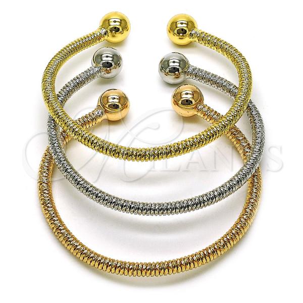 Oro Laminado Trio Bangle, Gold Filled Style Ball and Twist Design, Polished, Tricolor, 07.170.0047