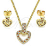 Oro Laminado Earring and Pendant Adult Set, Gold Filled Style Heart Design, with Garnet and White Micro Pave, Polished, Golden Finish, 10.342.0011.2