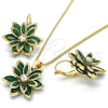 Oro Laminado Earring and Pendant Adult Set, Gold Filled Style Flower Design, with Green and White Cubic Zirconia, Polished, Golden Finish, 10.64.0157.3