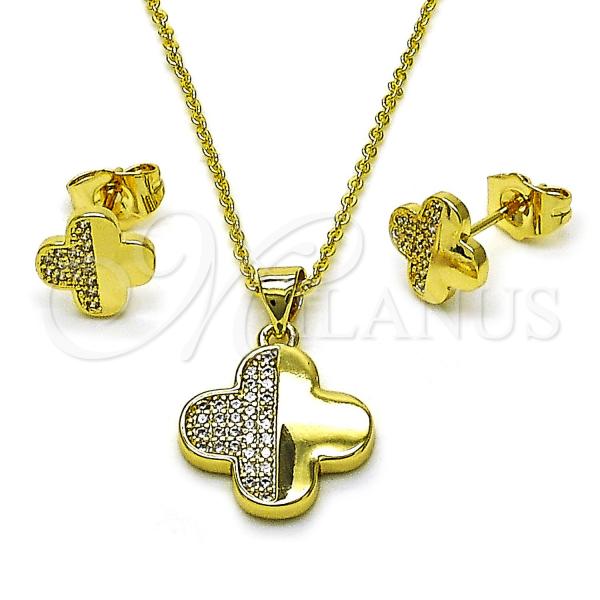 Oro Laminado Earring and Pendant Adult Set, Gold Filled Style Four-leaf Clover Design, with White Micro Pave, Polished, Golden Finish, 10.156.0518