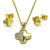 Oro Laminado Earring and Pendant Adult Set, Gold Filled Style Four-leaf Clover Design, with White Micro Pave, Polished, Golden Finish, 10.156.0518
