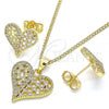 Oro Laminado Earring and Pendant Adult Set, Gold Filled Style Heart Design, with White Micro Pave, Polished, Golden Finish, 10.156.0293