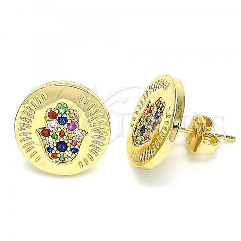 Oro Laminado Stud Earring, Gold Filled Style Hand of God Design, with Multicolor Micro Pave, Polished, Golden Finish, 02.156.0445.2