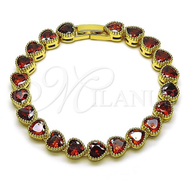 Oro Laminado Tennis Bracelet, Gold Filled Style Heart Design, with Garnet Cubic Zirconia, Polished, Golden Finish, 03.424.0005.07