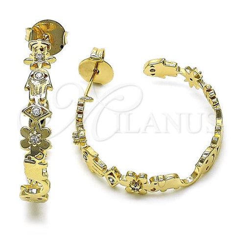 Oro Laminado Medium Hoop, Gold Filled Style Elephant and Hand of God Design, with White Cubic Zirconia, Polished, Golden Finish, 02.204.0035.35