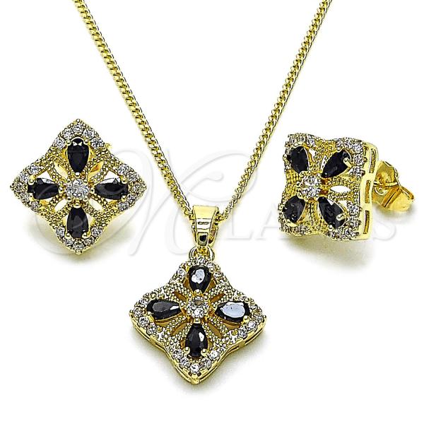 Oro Laminado Earring and Pendant Adult Set, Gold Filled Style Four-leaf Clover Design, with Black and White Cubic Zirconia, Polished, Golden Finish, 10.210.0183.1