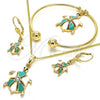 Oro Laminado Necklace, Bracelet, Earring and Ring, Gold Filled Style Turtle Design, with White Crystal, Turquoise Enamel Finish, Golden Finish, 10.63.0589.1
