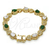 Oro Laminado Tennis Bracelet, Gold Filled Style Heart and Teardrop Design, with Green and White Cubic Zirconia, Polished, Golden Finish, 03.210.0072.3.08