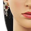 Oro Laminado Stud Earring, Gold Filled Style Cluster and Flower Design, with Garnet and White Cubic Zirconia, Polished, Golden Finish, 02.436.0001