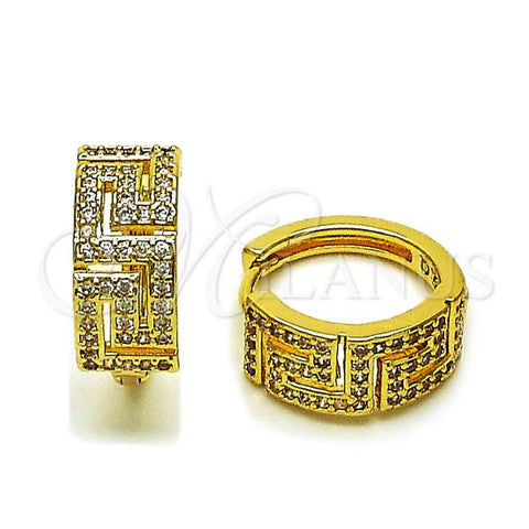 Oro Laminado Huggie Hoop, Gold Filled Style Greek Key Design, with White Cubic Zirconia, Polished, Golden Finish, 02.283.0275.20