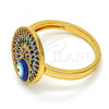 Oro Laminado Multi Stone Ring, Gold Filled Style Evil Eye Design, with Multicolor Micro Pave, Blue Enamel Finish, Golden Finish, 01.60.0005.08 (Size 8)