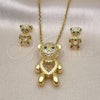 Oro Laminado Earring and Pendant Adult Set, Gold Filled Style Teddy Bear and Heart Design, with White and Black Micro Pave, Polished, Golden Finish, 10.299.0001