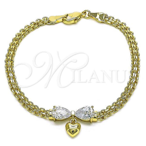 Oro Laminado Fancy Bracelet, Gold Filled Style Teardrop and Heart Design, with White Cubic Zirconia, Polished, Golden Finish, 03.213.0245.08