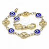 Oro Laminado Fancy Bracelet, Gold Filled Style Evil Eye and Four-leaf Clover Design, Blue Resin Finish, Golden Finish, 03.326.0011.2.06
