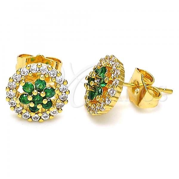 Oro Laminado Stud Earring, Gold Filled Style Flower Design, with Green Cubic Zirconia and White Micro Pave, Polished, Golden Finish, 02.310.0021