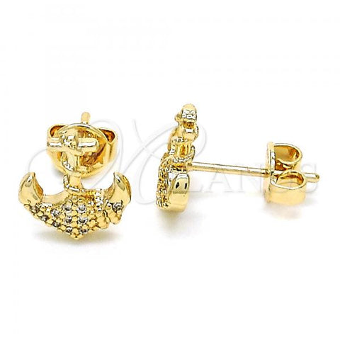 Oro Laminado Stud Earring, Gold Filled Style Anchor Design, with White Micro Pave, Polished, Golden Finish, 02.156.0302