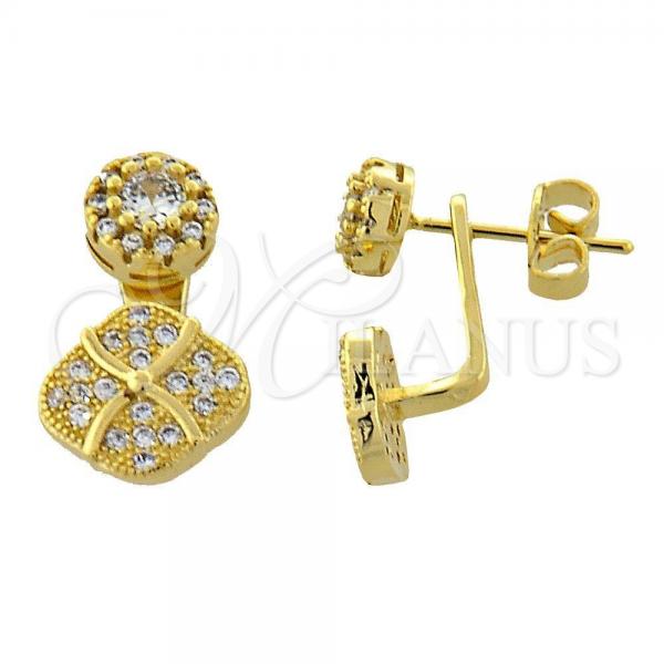 Oro Laminado Stud Earring, Gold Filled Style Flower Design, with White Micro Pave, Polished, Golden Finish, 02.199.0002