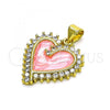 Oro Laminado Fancy Pendant, Gold Filled Style Heart Design, with White Cubic Zirconia, Pink Enamel Finish, Golden Finish, 05.381.0017.1
