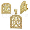 Oro Laminado Earring and Pendant Adult Set, Gold Filled Style Flower Design, with  Crystal, Golden Finish, 5.046.010