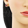 Oro Laminado Stud Earring, Gold Filled Style with Garnet Cubic Zirconia and White Micro Pave, Polished, Golden Finish, 02.342.0209.1