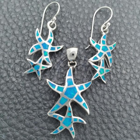 Sterling Silver Earring and Pendant Adult Set, Star Design, with Bermuda Blue Opal, Polished, Silver Finish, 10.391.0009