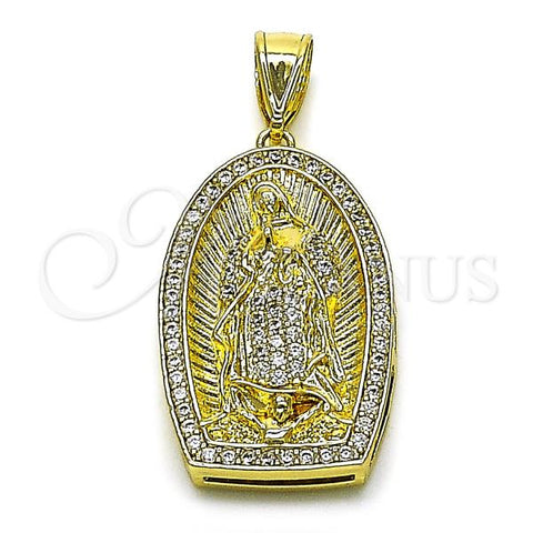 Oro Laminado Religious Pendant, Gold Filled Style Guadalupe Design, with White Cubic Zirconia, Polished, Golden Finish, 05.411.0071