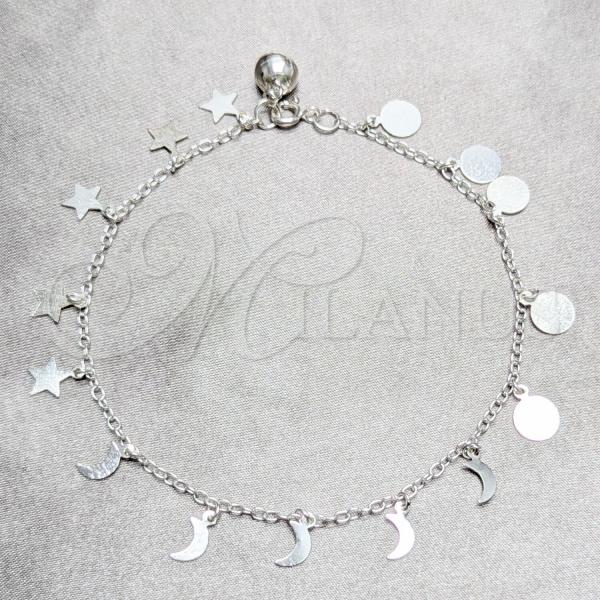 Sterling Silver Fancy Anklet, Moon and Star Design, Polished, Silver Finish, 03.409.0052.10