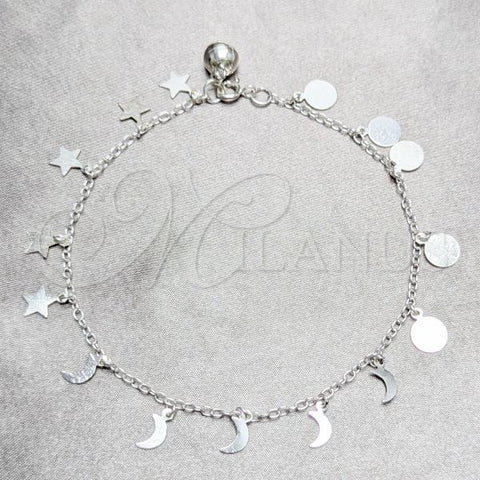 Sterling Silver Fancy Anklet, Moon and Star Design, Polished, Silver Finish, 03.409.0052.10