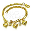 Oro Laminado Charm Bracelet, Gold Filled Style Heart and Paperclip Design, with White Crystal, Polished, Golden Finish, 03.63.2234.07