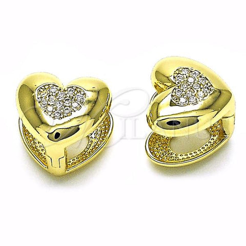 Oro Laminado Huggie Hoop, Gold Filled Style Heart Design, with White Micro Pave, Polished, Golden Finish, 02.213.0628.12
