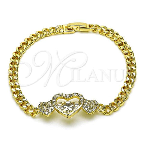 Oro Laminado Fancy Bracelet, Gold Filled Style Miami Cuban and Heart Design, with White Micro Pave and White Cubic Zirconia, Polished, Golden Finish, 03.283.0369.08
